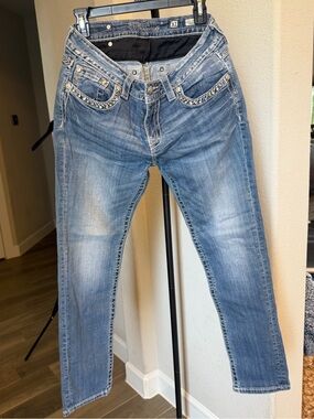 Miss Me Blue Denim Jeans with Embroidered Waistband Mid-Rise Skinny 31